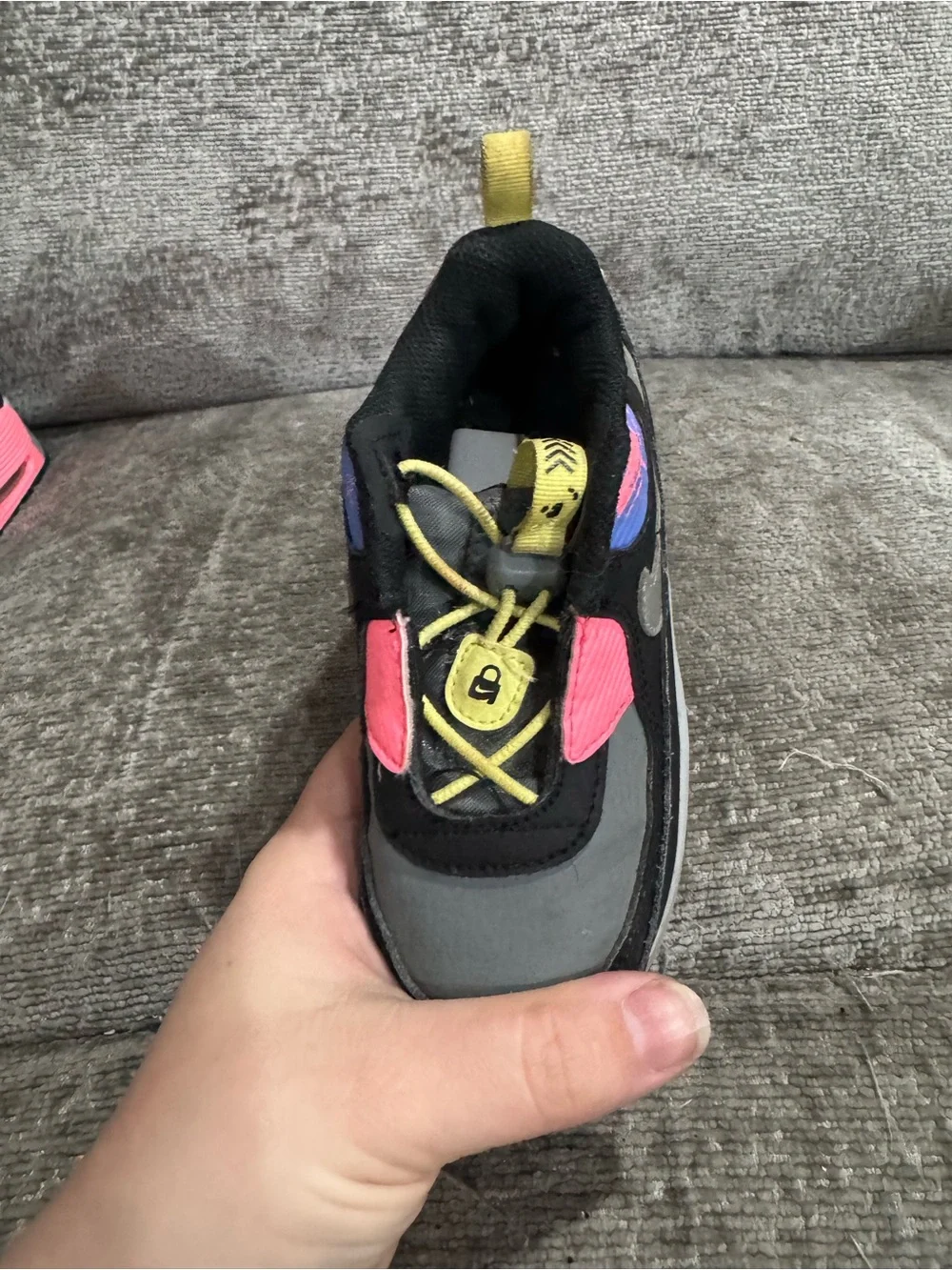 Nike Air Max 90 Toggle Athletic Sneakers in Black, Gray & Pink Yellow Accent 9C